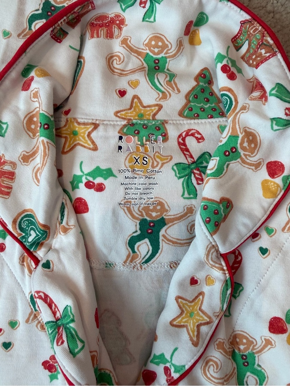Roller Rabbit Kids Pajamas White with Green, Red, Brown Holiday Print